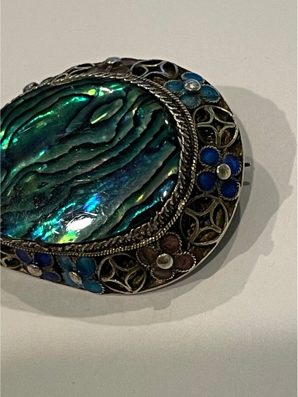 Vintage Enamel Abalone Silver Sterling Pin